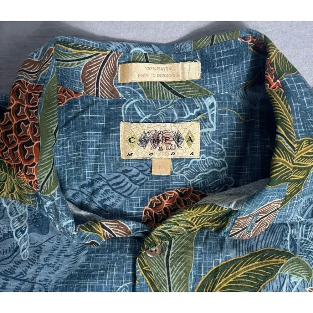 Vintage Hawaiian Shirt Mens Large Blue Pineapple Floral Aloha 90s Campia Moda